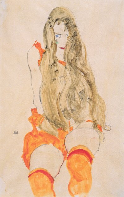 Sitzendes Mädchen mit herabfallendem Haar von Egon Schiele